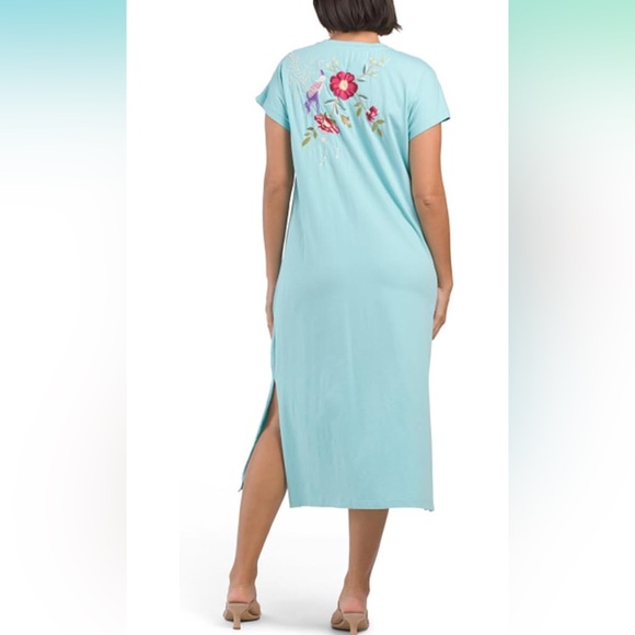 Johnny Was Osaka Embroidered Relaxed Cotton Knit Dress in Marine Blue Medium - Picture 9 of 10